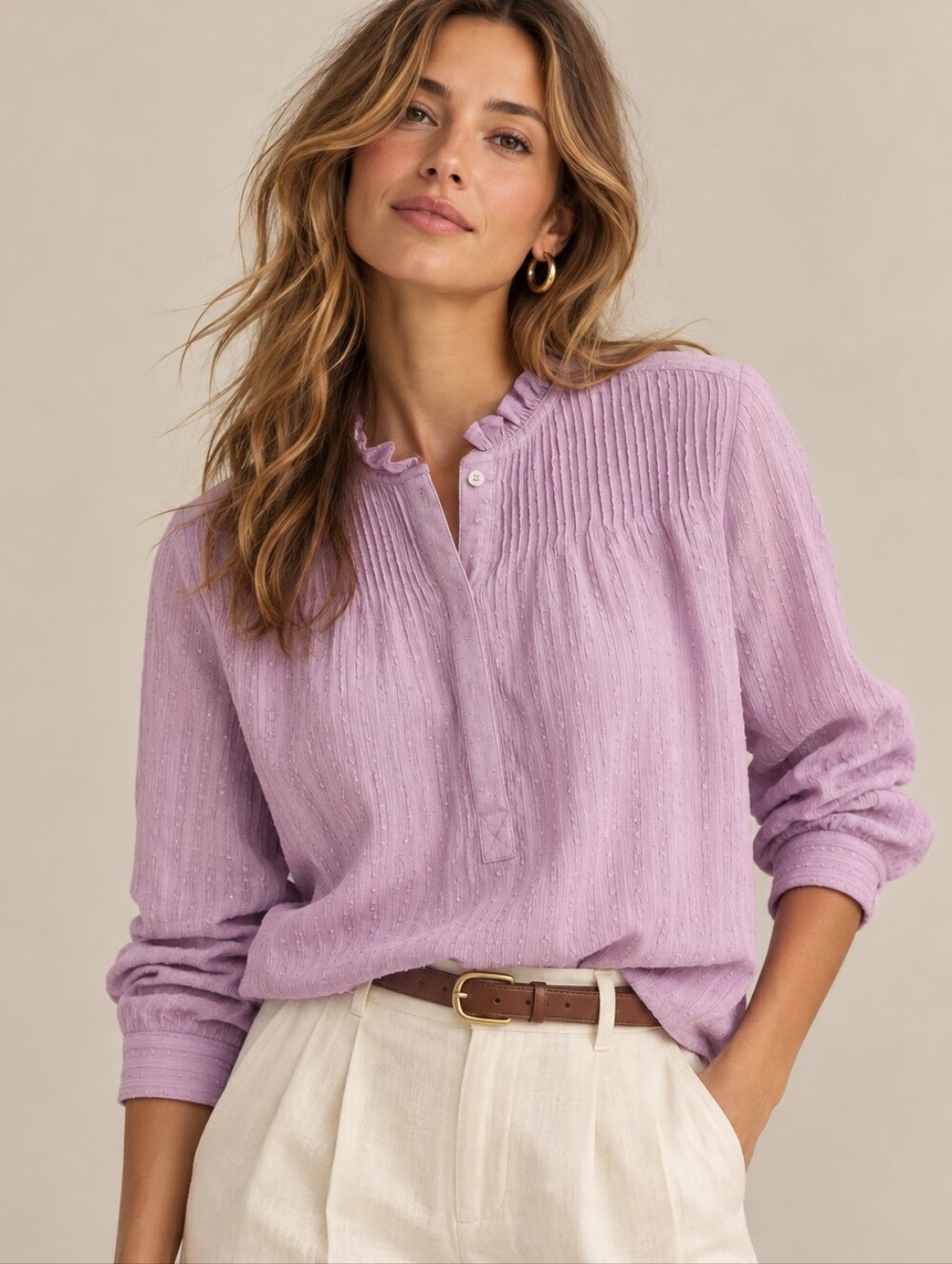NWT POINT SUR J.CREW Swiss Clip Dot Pintuck Ruffle Neck Popover Blouse Size 14